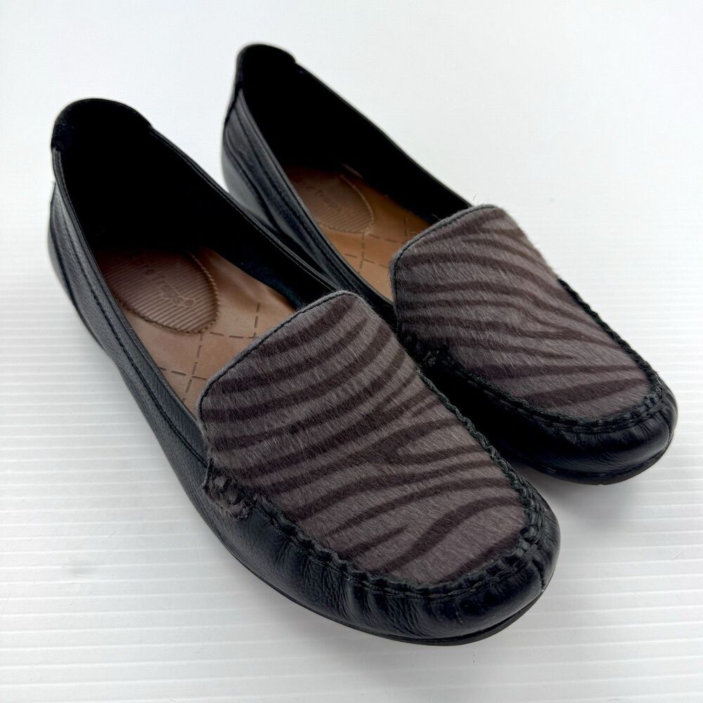 BareTraps Adana Loafers Womens 9.5 Black Leather Zebra Print Slip On Flats